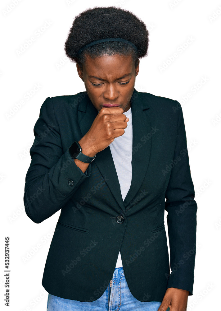Young african american girl wearing business clothes feeling unwell and coughing as symptom for cold or bronchitis. health care concept. Young african american girl wearing business clothes feeling unwell and coughing as symptom for cold or bronchitis. health care concept.