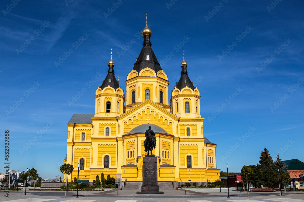 View of the Alexander Nevsky cathedral with a monument to the russian prince Alexander Nevsky. Nizhny Novgorod, Russia