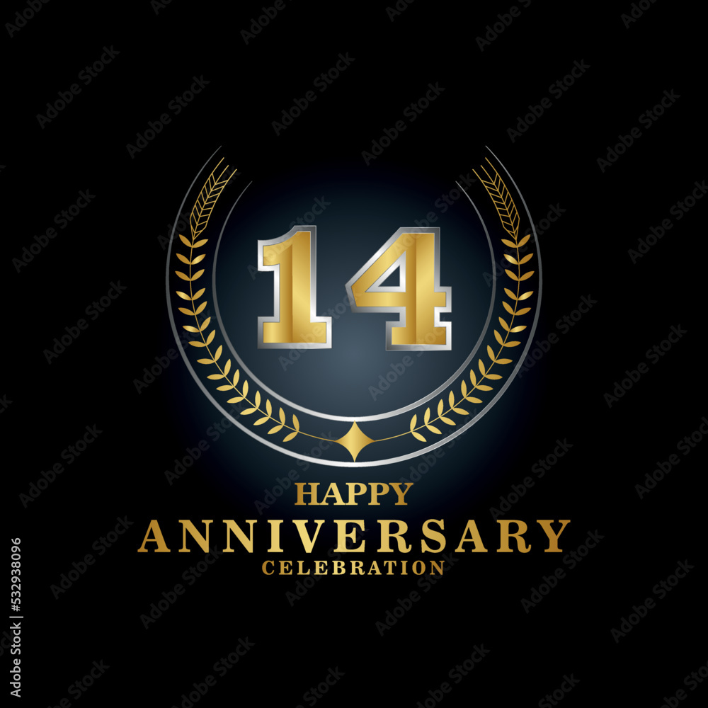 Template emblem 14th years old luxurious anniversary with a frame in the form of laurel branches and the number 14 . 14 years anniversary royal logo. Vector illustration Design
Template emblem 14th years old luxurious anniversary with a frame in the form of laurel branches and the number 14 . 14 years anniversary royal logo. Vector illustration Design