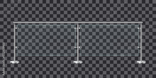 Glass balustrade with metal racks. Fencing sections with steel pillars. Realistic vector illustration isolated on transparent background.