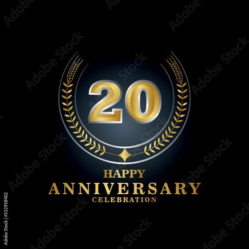 Template emblem 20th years old luxurious anniversary with a frame in the form of laurel branches and the number 20 . 20 years anniversary royal logo. Vector illustration Design 