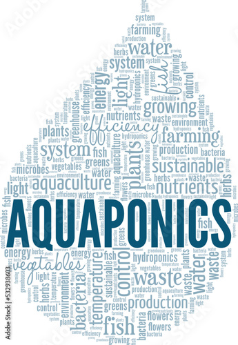 Aquaponics plant farming word cloud conceptual design isolated on white background.