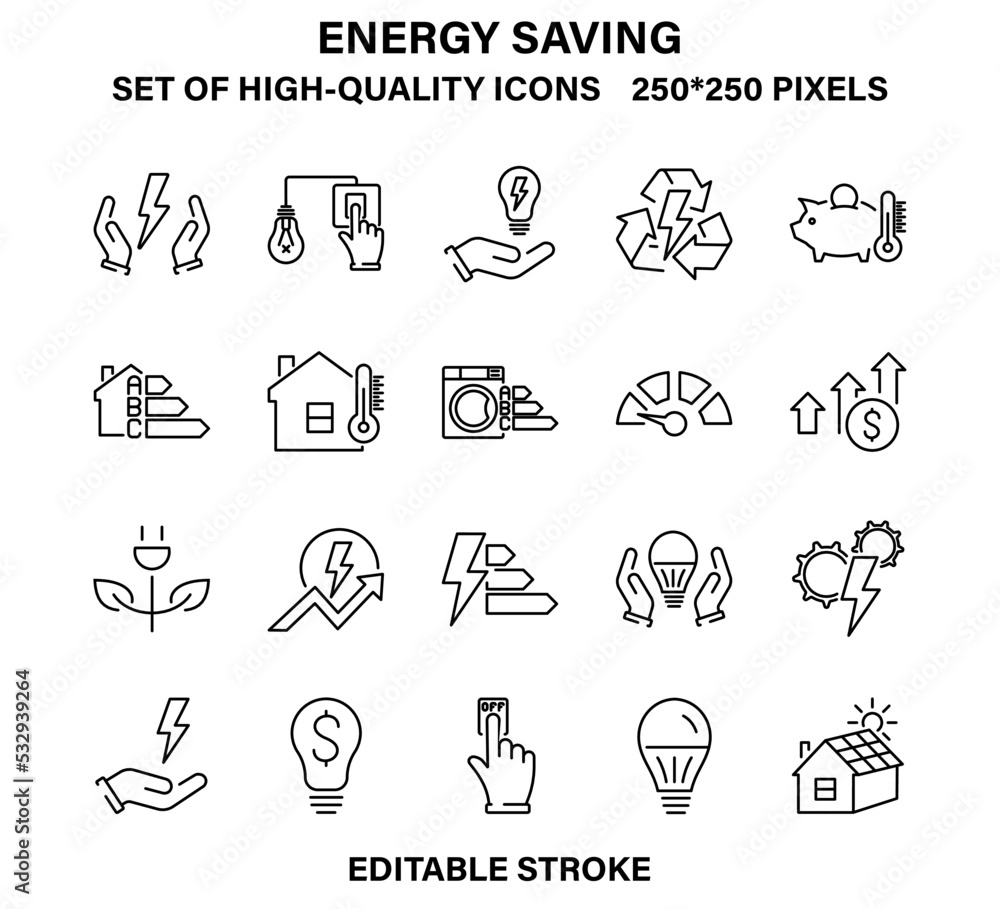 A set of simple but high-quality linear icons about saving electricity. A set of simple but high-quality linear icons about saving electricity.
