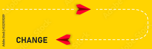 Red paper airplane flying towards change changing path. New, creativity, innovative solution idea concept for business change.