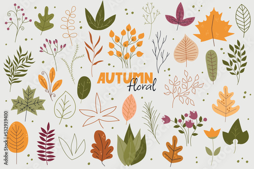 Stylish floral autumn stickers set. Vector warm and cozy hygge collection of autumn stickers and illustrations in cartoon style.