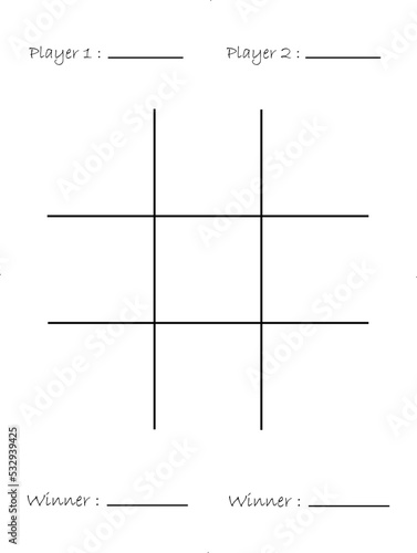 Tic Tac Toe table, kids activity page with player name and winner name