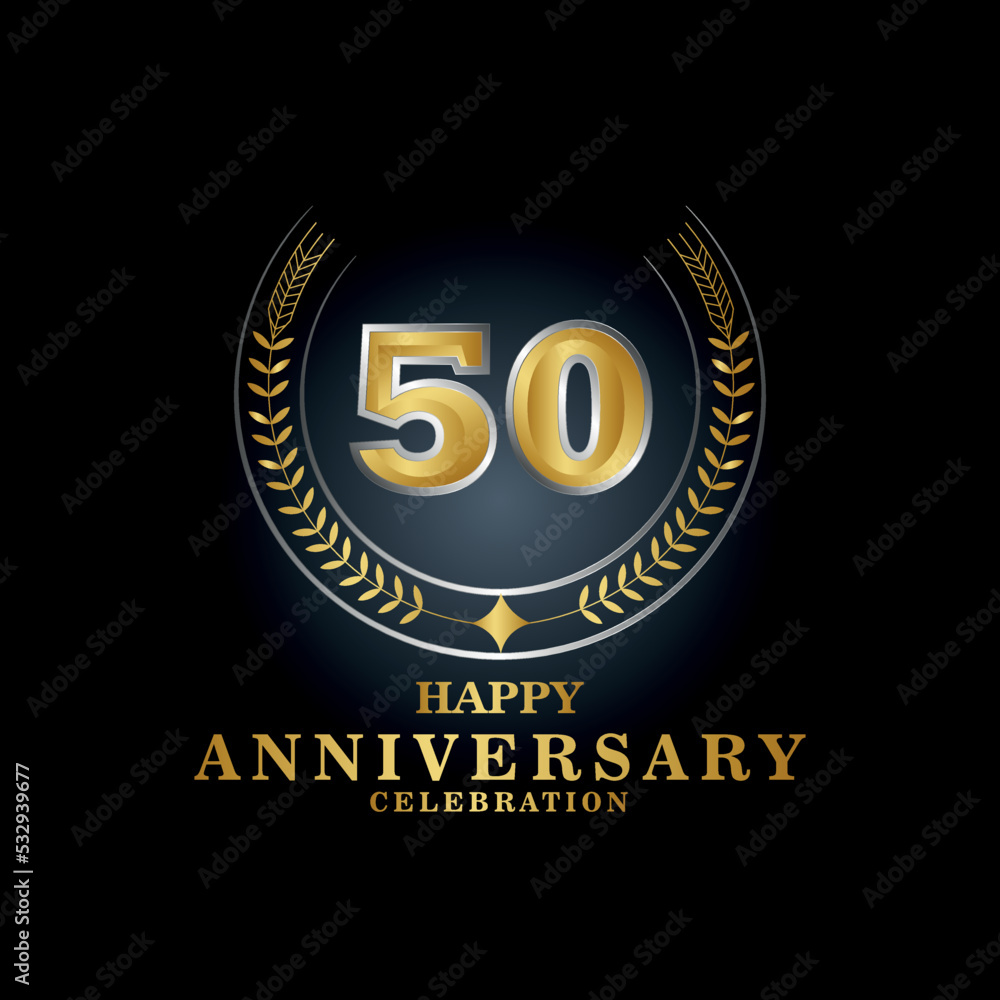 Template emblem 50th years old luxurious anniversary with a frame in the form of laurel branches and the number 50.  50 years anniversary royal logo. Vector illustration Design

