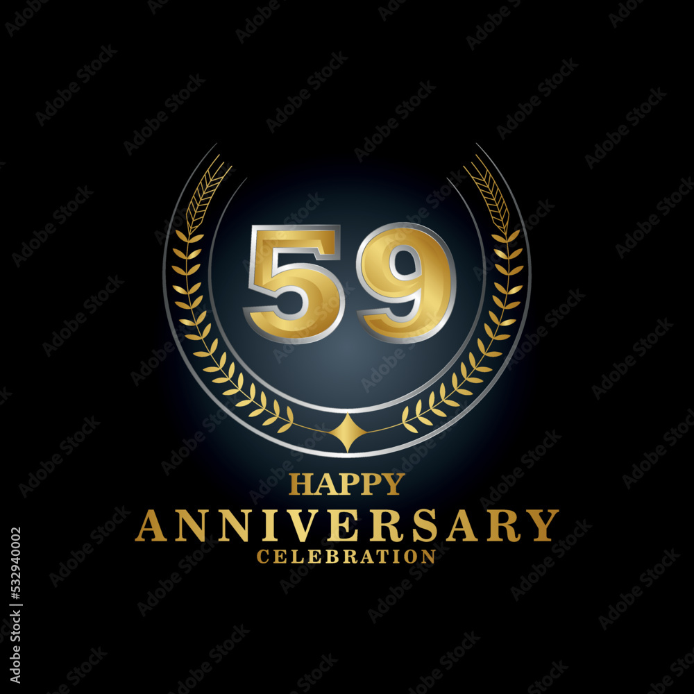 Fototapeta premium Template emblem 59th years old luxurious anniversary with a frame in the form of laurel branches and the number 59 . 59 years anniversary royal logo. Vector illustration Design