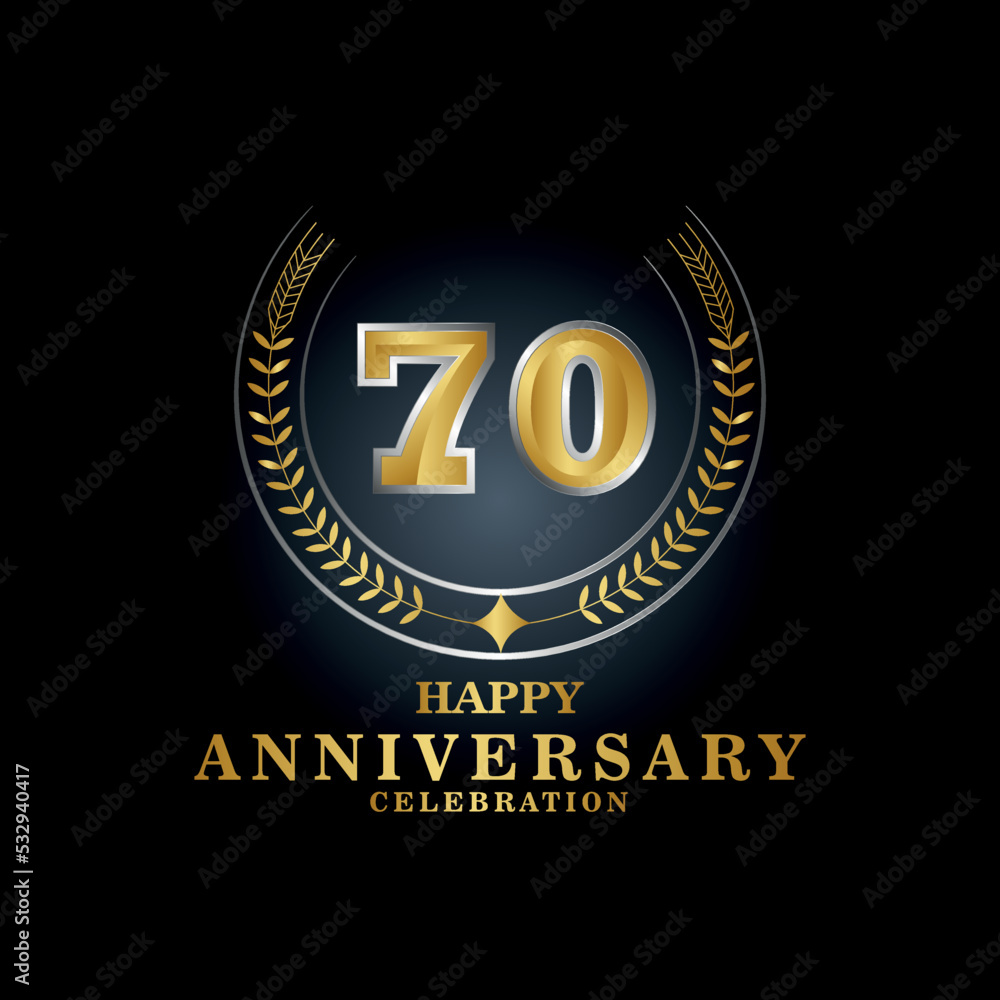 Fototapeta premium Template emblem 70th years old luxurious anniversary with a frame in the form of laurel branches and the number 70. 70 years anniversary royal logo. Vector illustration Design 