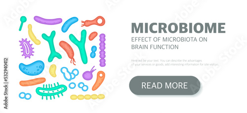 Microbiome website landing page template, newsletter, advertising, label, presentation. Vector background with bacteria.