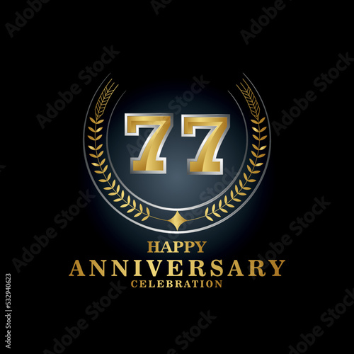 Template emblem 77th years old luxurious anniversary with a frame in the form of laurel branches and the number 77 . 77 years anniversary royal logo. Vector illustration Design 