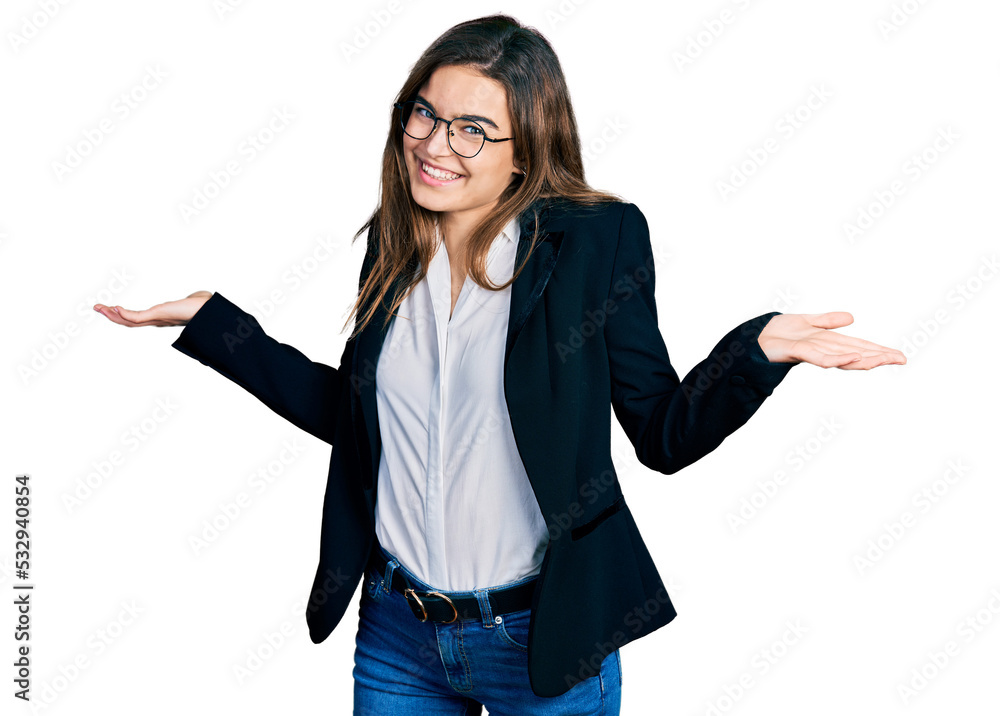 Young caucasian girl wearing business style and glasses smiling showing both hands open palms, presenting and advertising comparison and balance Young caucasian girl wearing business style and glasses smiling showing both hands open palms, presenting and advertising comparison and balance