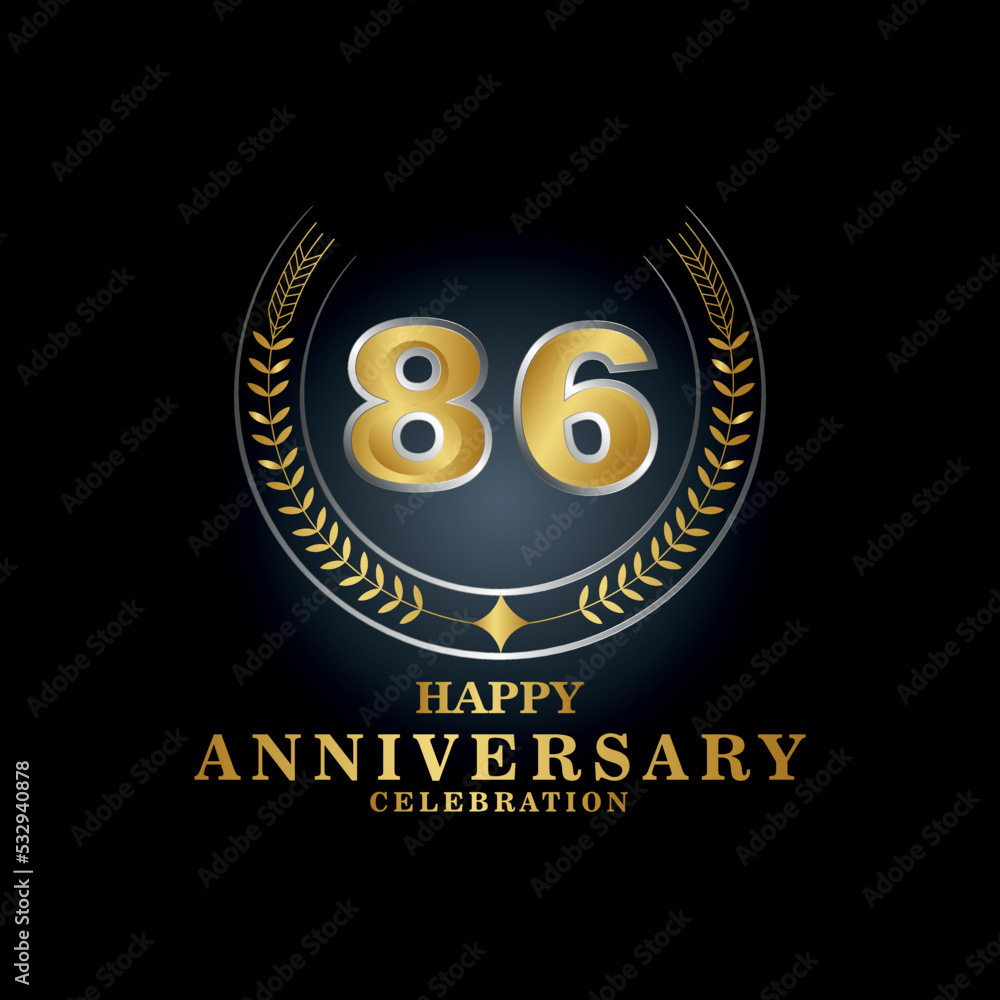 Template emblem 86th years old luxurious anniversary with a frame in the form of laurel branches and the number 86.86 years anniversary royal logo. Vector illustration Design
Template emblem 86th years old luxurious anniversary with a frame in the form of laurel branches and the number 86.86 years anniversary royal logo. Vector illustration Design