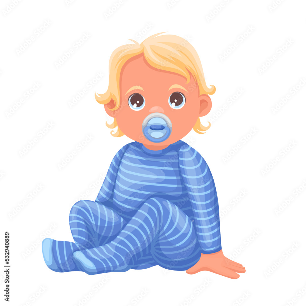 Cute baby boy vector illustration. Cartoon isolated infant child with blond hair and blue baby jumpsuit sucking pacifier, funny kid character in bodysuit sitting on floor and crawling to play