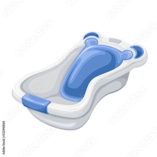 Baby bathtub vector illustration. Cartoon isolated plastic bathroom equipment to bath and wash in water newborn kid, empty modern home washbowl for bathing little infant girls and boys, hygiene