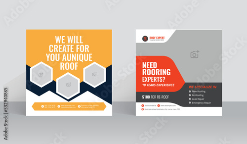 Roofing service social media post template and handyman home repair web banner design