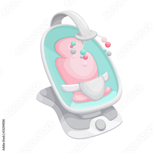 Baby crib, bedroom furniture vector illustration. Cartoon isolated cute modern empty cot with carousel of hanging balls, contemporary baby cradle with toys to soothe and sleep infant child in bedtime