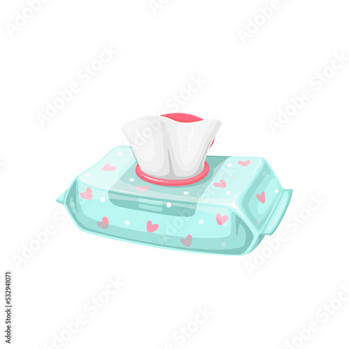 Baby wet wipes, hygiene vector illustration. Cartoon isolated disposable tissue for hand and body, soft napkin in plastic package, crumpled antibacterial handkerchief in open sanitary packaging