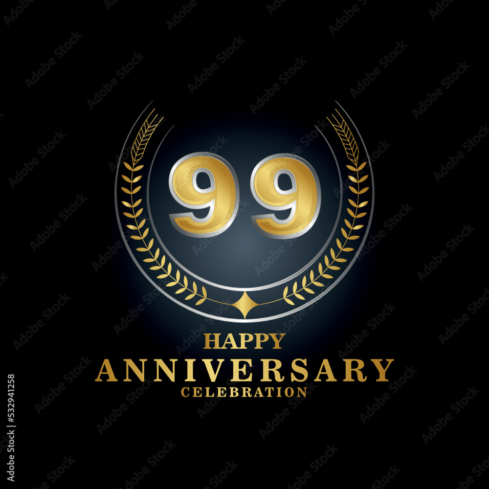 Template emblem 99th years old luxurious anniversary with a frame in the form of laurel branches and the number 99 . 99 years anniversary royal logo. Vector illustration Design
Template emblem 99th years old luxurious anniversary with a frame in the form of laurel branches and the number 99 . 99 years anniversary royal logo. Vector illustration Design