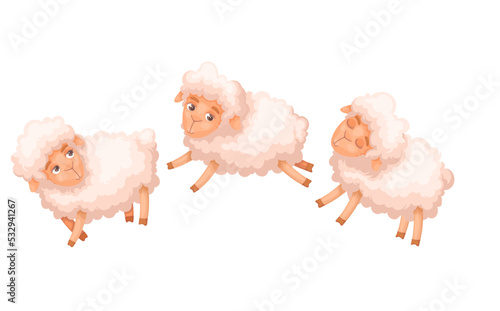 Cute sheep jump set, count for healthy sleep vector illustration. Cartoon isolated funny little lambs run for sleepless character counting jumping adorable sheep during insomnia to fall asleep