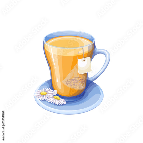 Herbal tea for healthy sleep at night vector illustration. Cartoon isolated cup with natural hot drink, organic chamomile flowers and herbs in teabag, aroma beverage for health, treatment of insomnia