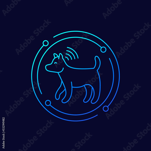 dog with a microchip icon, linear design