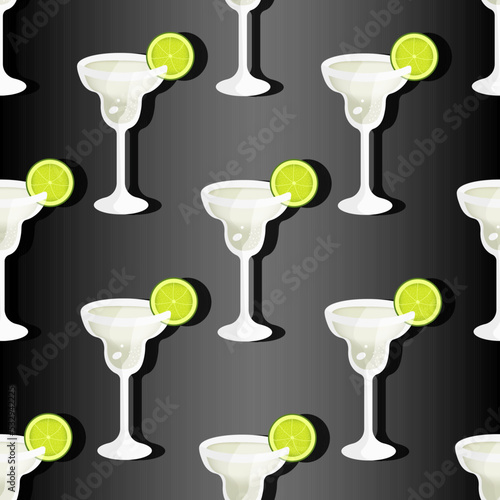 Glass with a margarita cocktail pattern with a slice of lime on a stylish black background. Vector illustration with green alcohol cocktail with tequila, citrus and shadow.