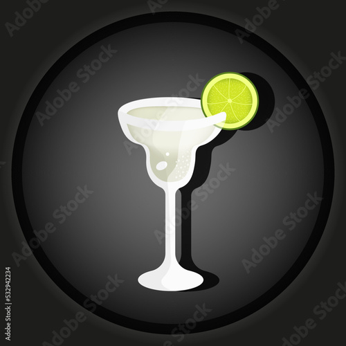 A glass with a margarita cocktail with a slice of lime on a stylish black background. Cut out paper vector illustration with green alcohol cocktail with tequila and citrus.
