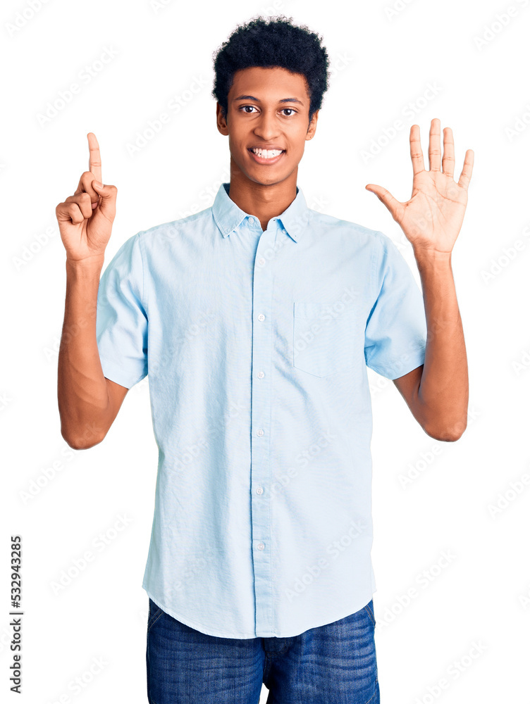 Young african american man wearing casual clothes showing and pointing up with fingers number six while smiling confident and happy. Young african american man wearing casual clothes showing and pointing up with fingers number six while smiling confident and happy.