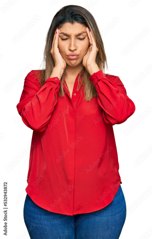Beautiful brunette woman wearing casual clothes suffering from headache desperate and stressed because pain and migraine. hands on head. Beautiful brunette woman wearing casual clothes suffering from headache desperate and stressed because pain and migraine. hands on head.