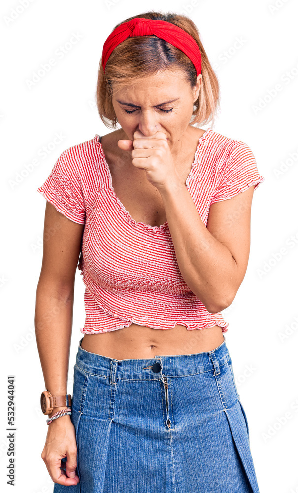 Young blonde woman wearing casual clothes and diadem feeling unwell and coughing as symptom for cold or bronchitis. health care concept. Young blonde woman wearing casual clothes and diadem feeling unwell and coughing as symptom for cold or bronchitis. health care concept.