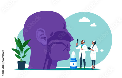 Otolaryngologist performing examination or check of head and neck. Concept of otorhinolaryngology, ENT surgery. Flat vector illustration.