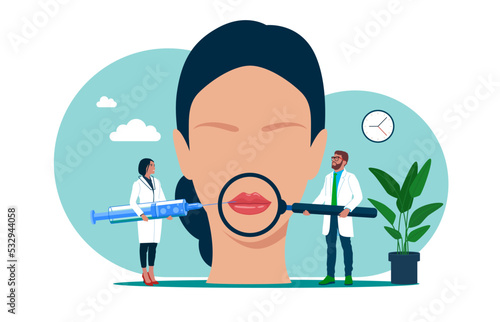Beauty injections and aesthetic cosmetology on face. Beautician doing medical cosmetic correction and procedure on face for augmentation volume Lip.  Flat vector illustration.