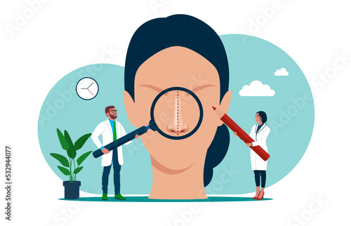 Plastic beauty operation. Correction of nose, changing nasal shape during rhinoplasty surgery. Plastic surgeon, doctor doing medical cosmetic correction.  Vector illustration.