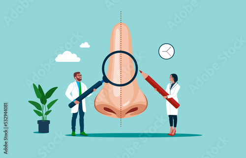 Plastic beauty operation. Correction of nose, changing nasal shape during rhinoplasty surgery. Plastic surgeon, doctor doing medical cosmetic correction.  Vector illustration.