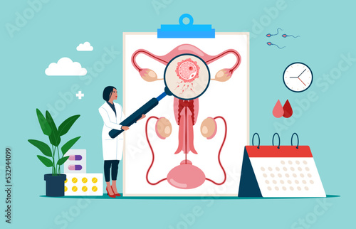 Penetration and sexual intercourse of penis and vagina. Male and female sex organ have sex. Semen and sperm are ejaculated into uterus. Seminar, lecture, healthcare meeting. Vector illustration. photo