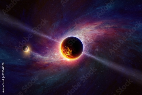Abstract scientific image, glowing exoplanets in deep space on background of spiral galaxy. Exoplanet or extrasolar planet is planet outside Solar System.