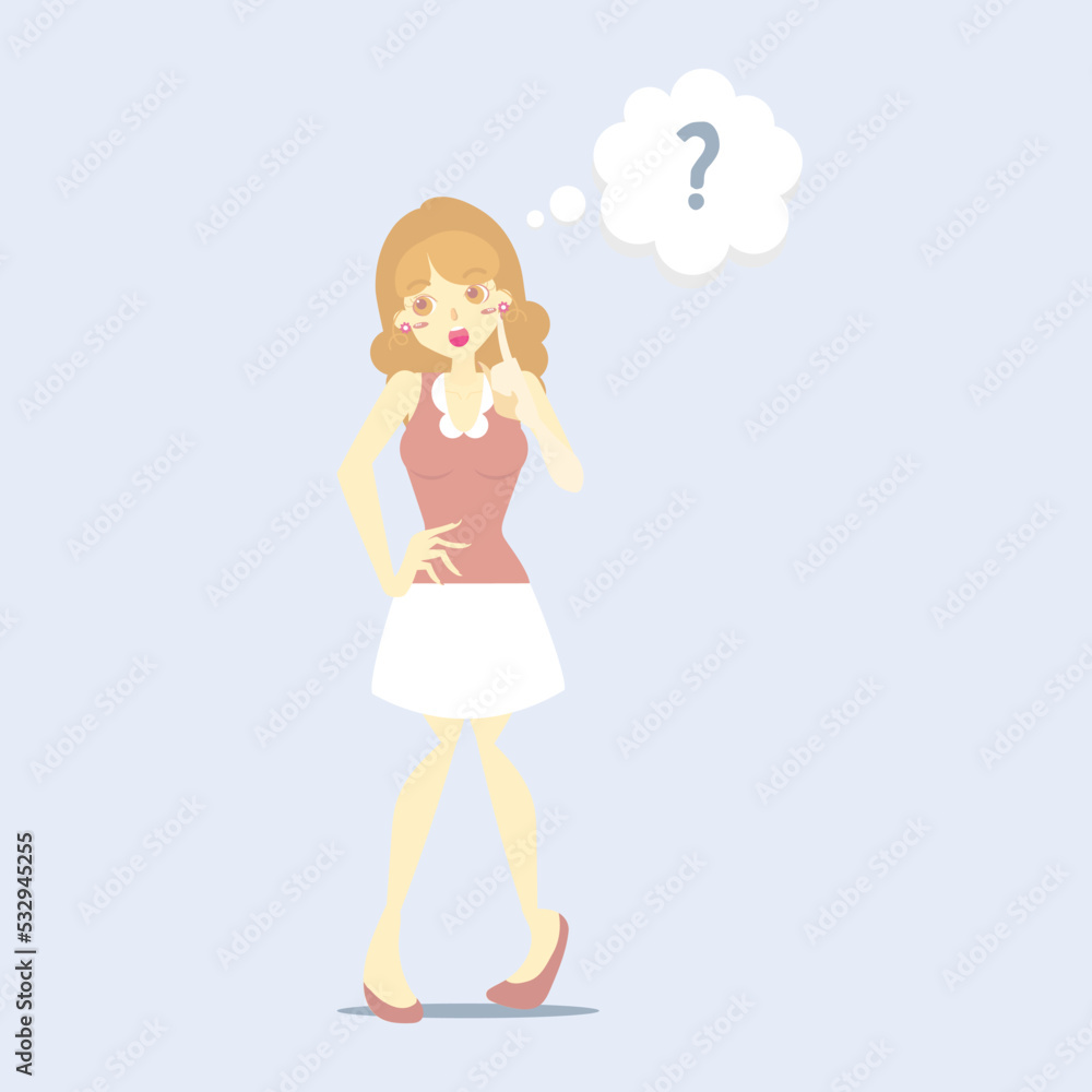 confused woman standing with question mark, having idea creative inspiration, thinking, dreaming concept, flat vector illustration character cartoon design clip art confused woman standing with question mark, having idea creative inspiration, thinking, dreaming concept, flat vector illustration character cartoon design clip art