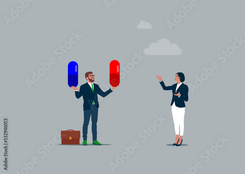 Businessman is holding red and blue pill. Metaphor of decision and choice between true truth and ignorance and illusion. Flat vector illustration.