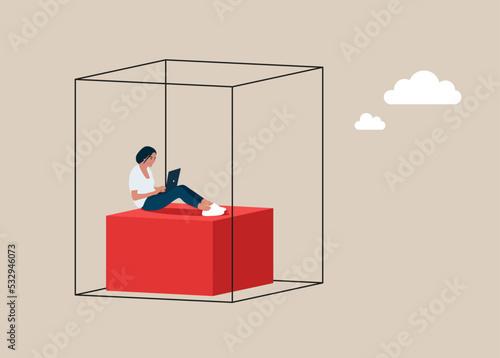 Businesswoman or office worker, working with laptop computer, sitting inside the box, presenting to introvert woman. Flat vector illustration.