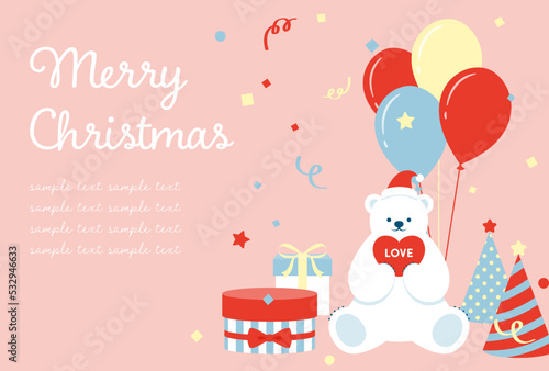 Christmas party vector background with polar bear, gift boxes and balloons for banners, cards, flyers, social media wallpapers, etc. © mar_mite_