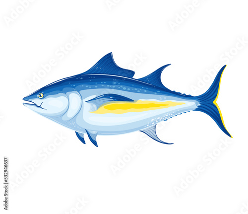 Tuna fish vector illustration. Cartoon isolated yellowfin tuna with blue and yellow fins and tail, sea or ocean underwater wild animal, seafood product and fresh catch of fishery for food industry