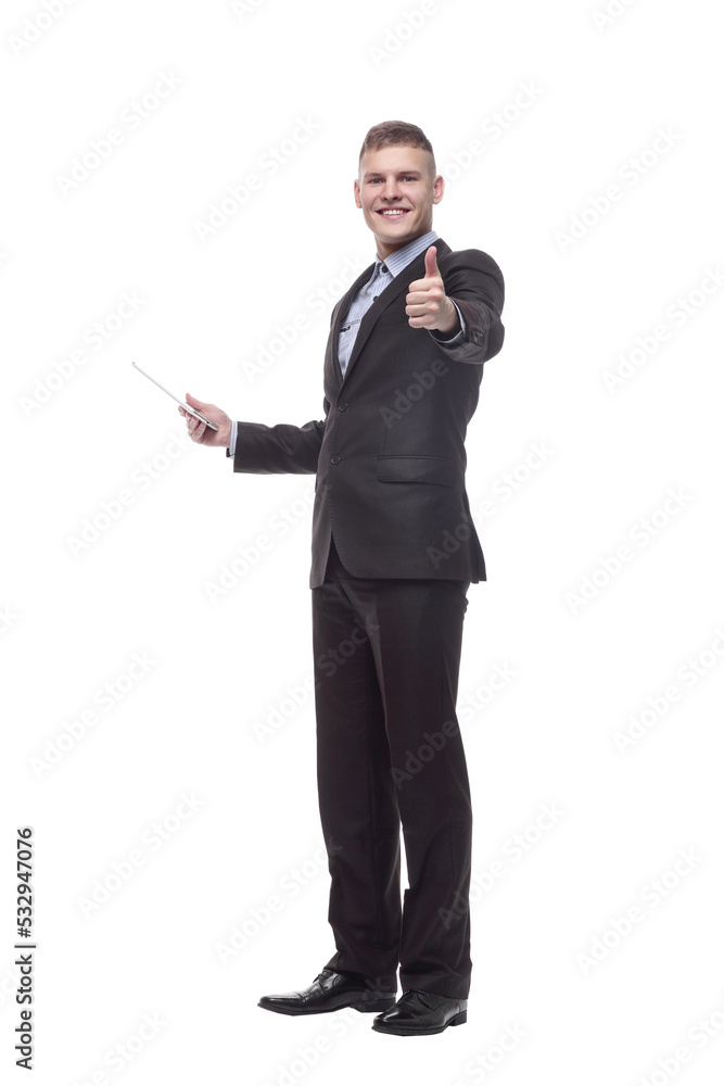 happy young businessman with a digital tablet . happy young businessman with a digital tablet .