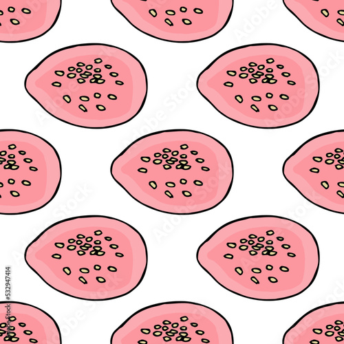 Seamless pattern with half a guava with seeds on white background. Vector image.