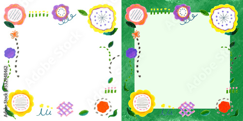手描きの可愛い花や植物の正方形のフレーム素材セット