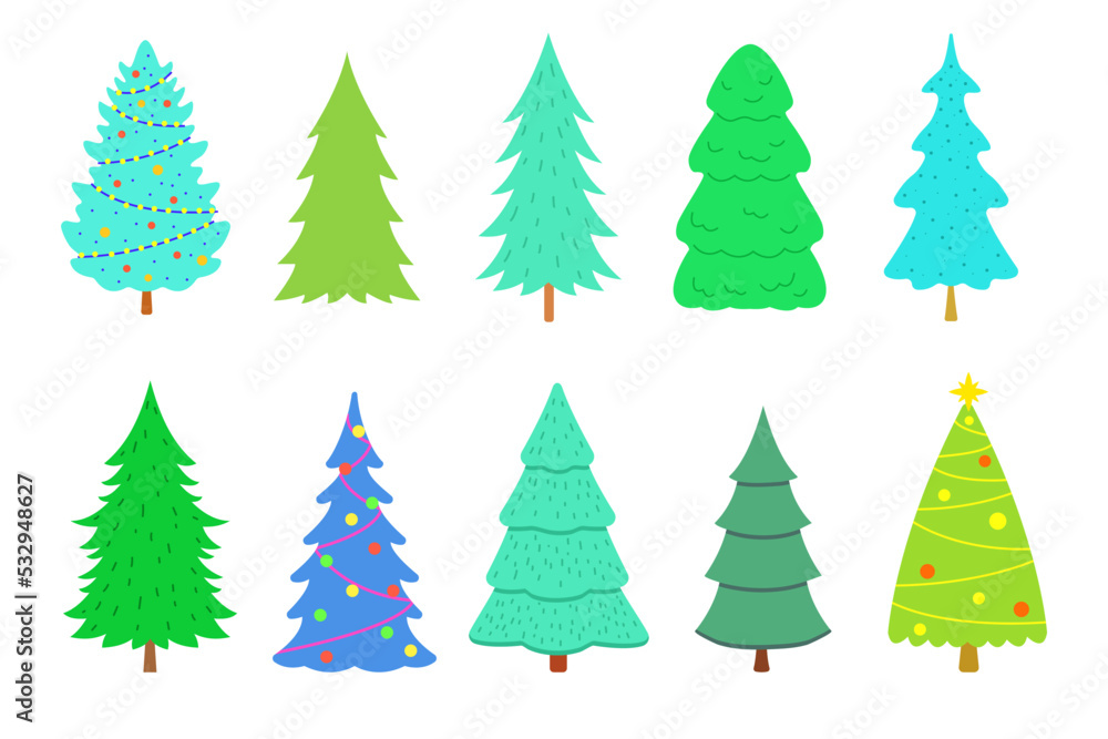 Set of Christmas trees with ornaments and garlands, and Christmas trees without garlands. Collection of winter trees for Christmas, New Year and holiday. Vector illustration