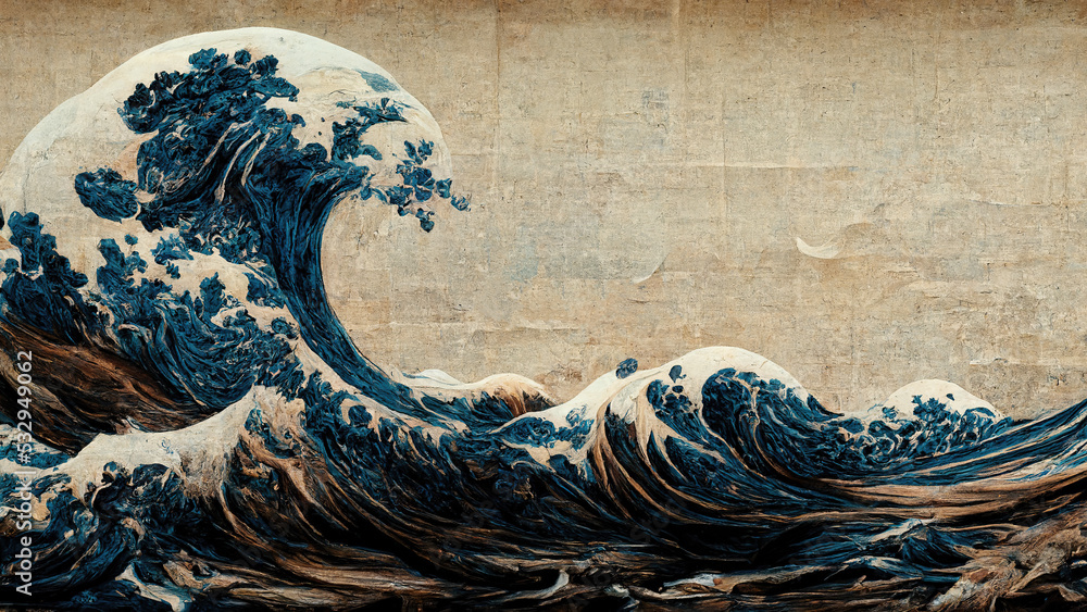 Leinwandbild Motiv - Robert Kneschke : Great wave in ocean as Japanese style illustration wallpaper