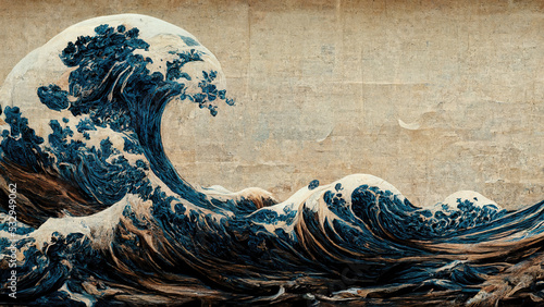 Tela Great wave in ocean as Japanese style illustration wallpaper