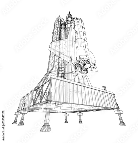 Space Rocket on launch pad. Vector rendering of 3d