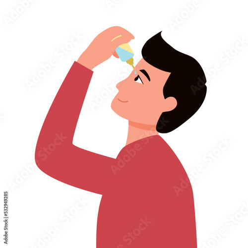 Man putting eye drops for dry eye or sore eye treatment in flat design. Female applying contact lenses daily solution.